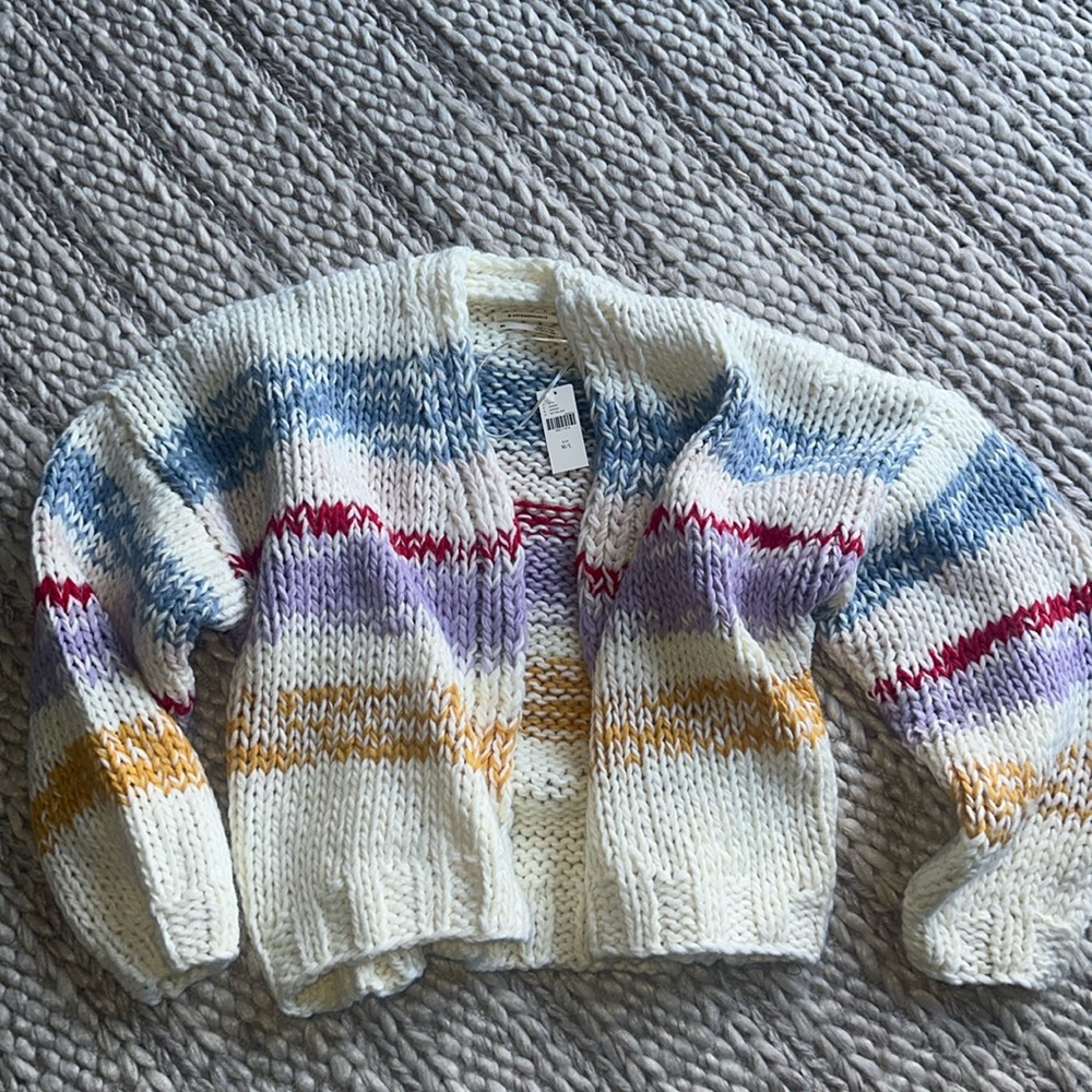 Anthropologie Cream Cardigan with Blue, Red, Purple & Mustard Stripes